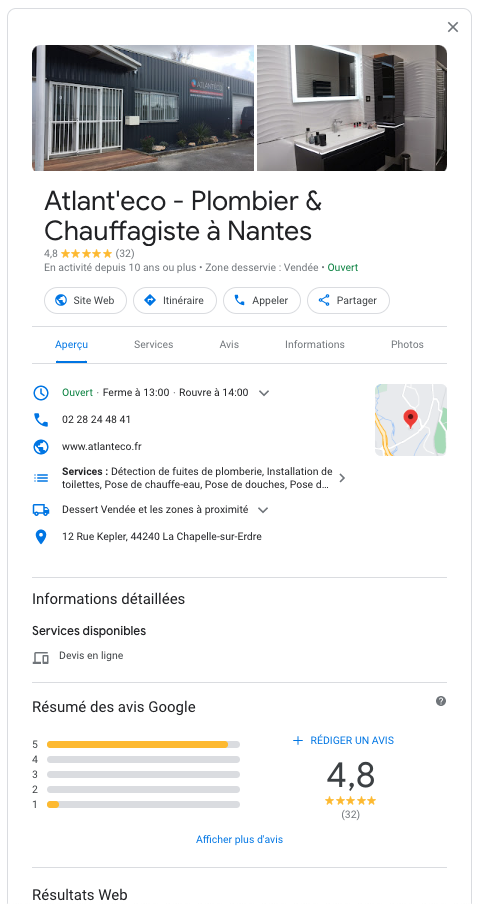 Fiche Google My Business - Plombier la Chapelle sur Erdre - Atlant'éco