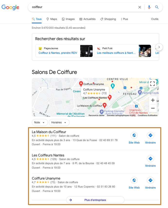 Google My Business - Exemple d'affichages des fiches GMB dans la recherche Google pour "coiffeur"