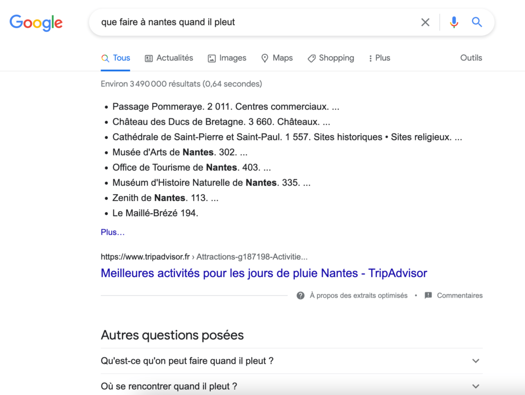 Featured Snippet - Exemple de position 0 - Que faire à Nantes quand il pleut